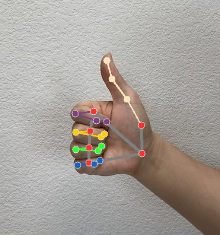 A hand in a thumbs up motion with the skeletal structure of the hand mapped